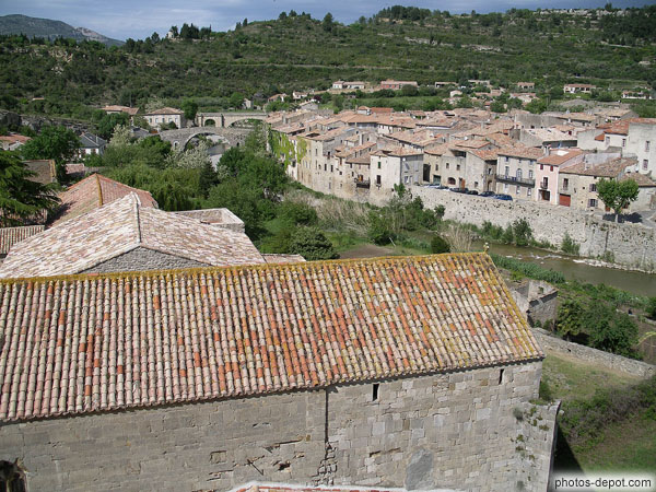 Bridge atop Orbieu village Lagrasse view tower abbey photo